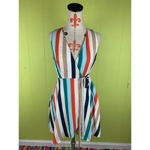 GB Wrap Dress Women’s Size S Ivory Green Blue Red Stripped Sleeveless Lined
